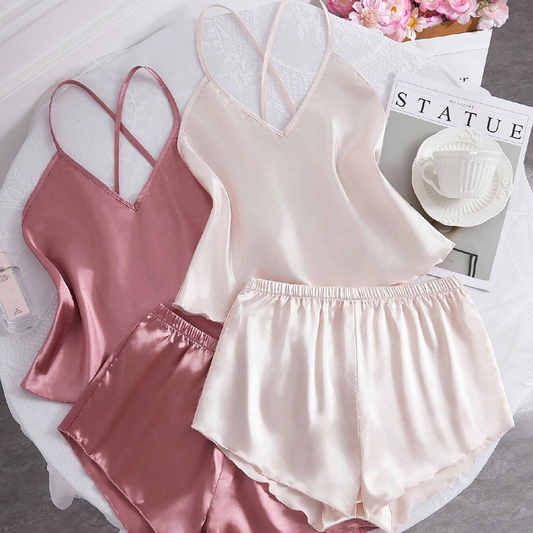 Solid Color Silk Camisole And Shorts Pajama Set