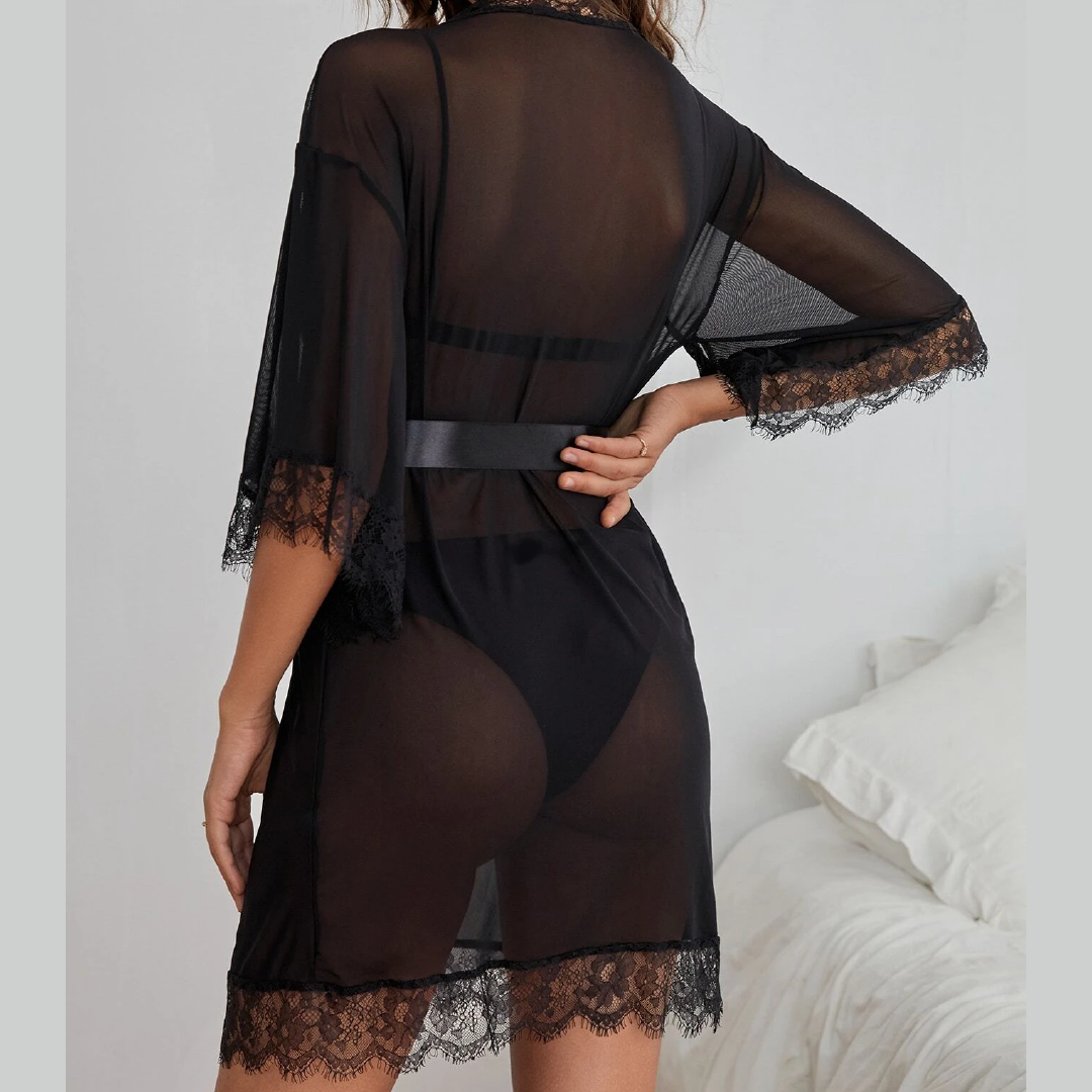 Eyelash Lace Trim Sheer Mesh Night Robe