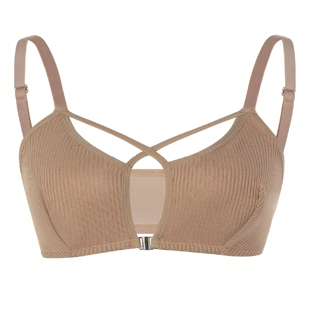 Solid Ribbed Hollow-Out Bra & Wirefree Bra